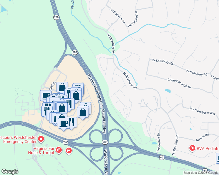 map of restaurants, bars, coffee shops, grocery stores, and more near 406 Paddle Creek Drive in Midlothian