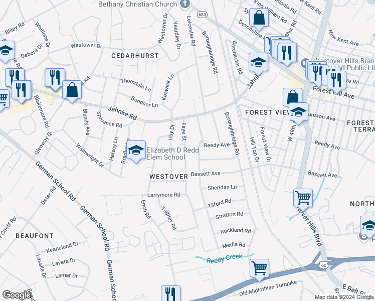 map of restaurants, bars, coffee shops, grocery stores, and more near 847 Faye Street in Richmond