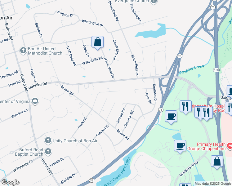 map of restaurants, bars, coffee shops, grocery stores, and more near 7901 Epic Road in Richmond