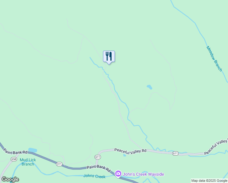 map of restaurants, bars, coffee shops, grocery stores, and more near 451 Peaceful Valley Road in Craig County