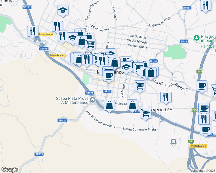 map of restaurants, bars, coffee shops, grocery stores, and more near 39 Via Palestro in Misterbianco