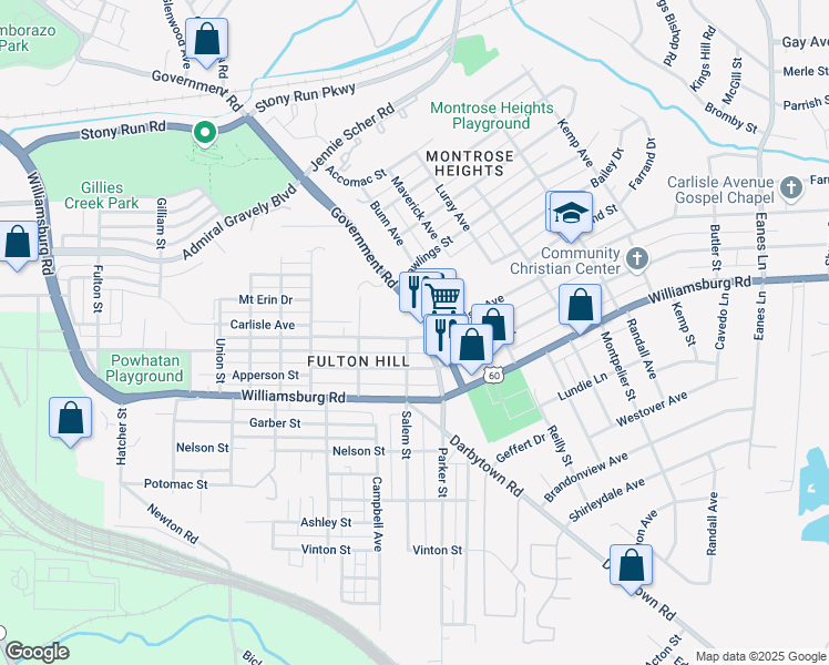map of restaurants, bars, coffee shops, grocery stores, and more near 1602 Carlisle Avenue in Richmond