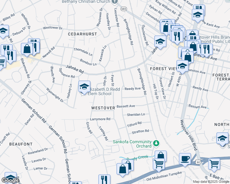 map of restaurants, bars, coffee shops, grocery stores, and more near 847 Faye Street in Richmond