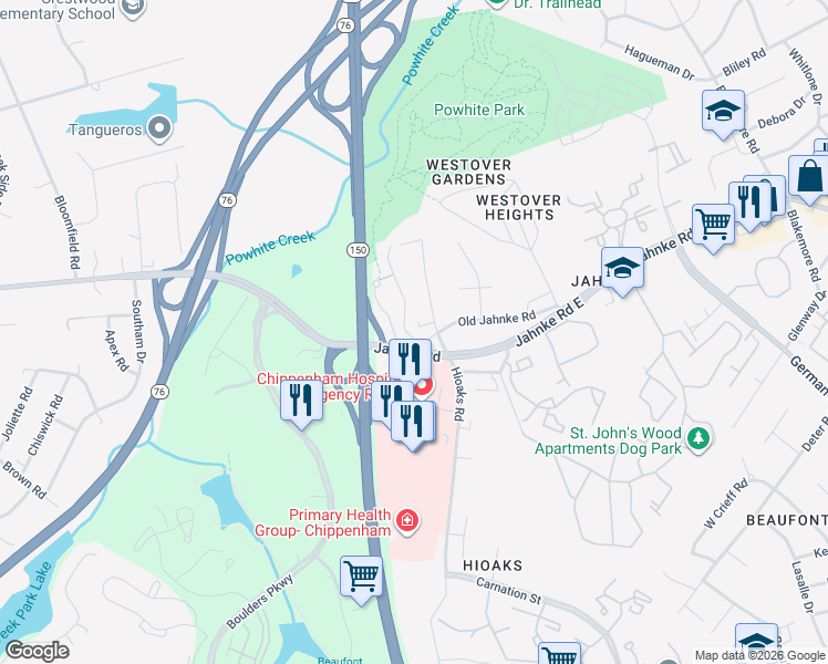 map of restaurants, bars, coffee shops, grocery stores, and more near 1201 Boulder Creek Road in Richmond