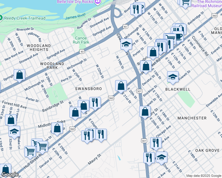 map of restaurants, bars, coffee shops, grocery stores, and more near 24 West 21st Street in Richmond