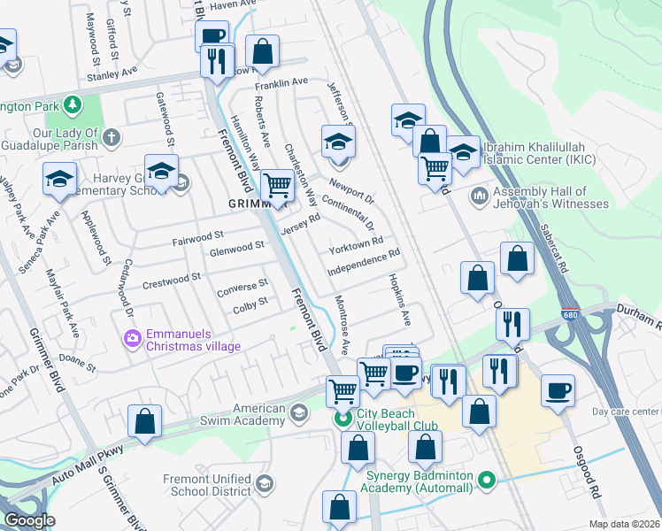 map of restaurants, bars, coffee shops, grocery stores, and more near 43388 Montrose Avenue in Fremont