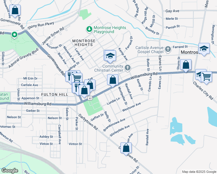 map of restaurants, bars, coffee shops, grocery stores, and more near 1818 Williamsburg Road in Richmond