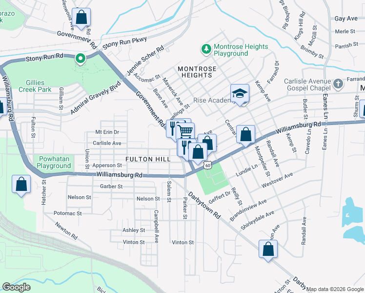 map of restaurants, bars, coffee shops, grocery stores, and more near 4901 Government Road in Richmond