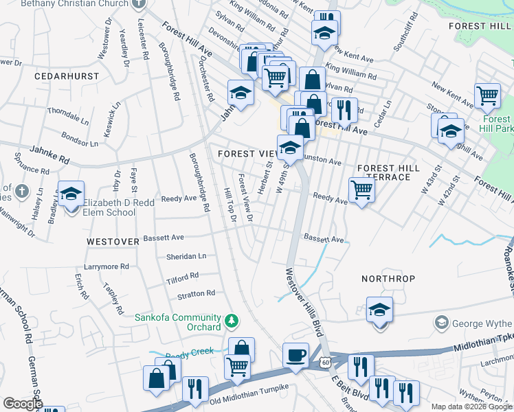 map of restaurants, bars, coffee shops, grocery stores, and more near 4914 Pine Crest Avenue in Richmond