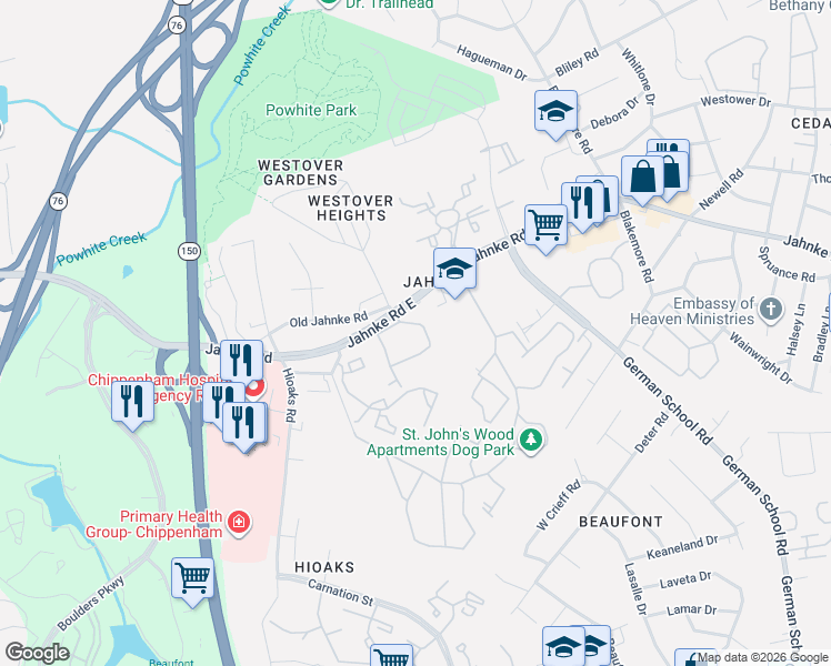 map of restaurants, bars, coffee shops, grocery stores, and more near 6717 North Grand Brook Circle in Richmond