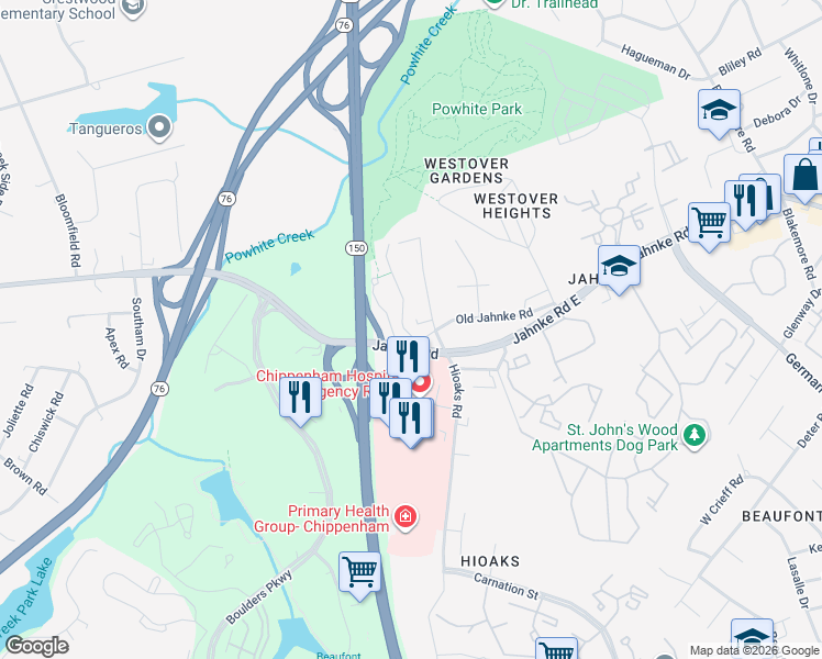 map of restaurants, bars, coffee shops, grocery stores, and more near 1201 Boulder Creek Road in Richmond