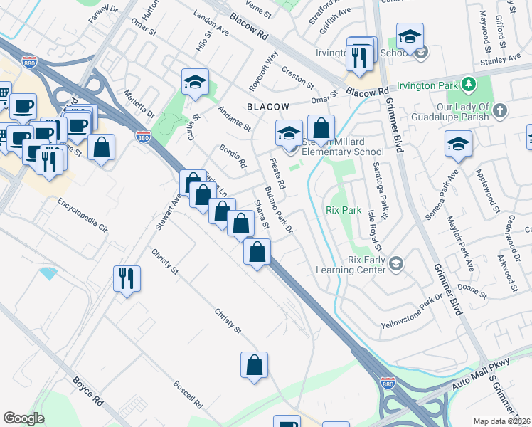 map of restaurants, bars, coffee shops, grocery stores, and more near 5568 Shana Street in Fremont