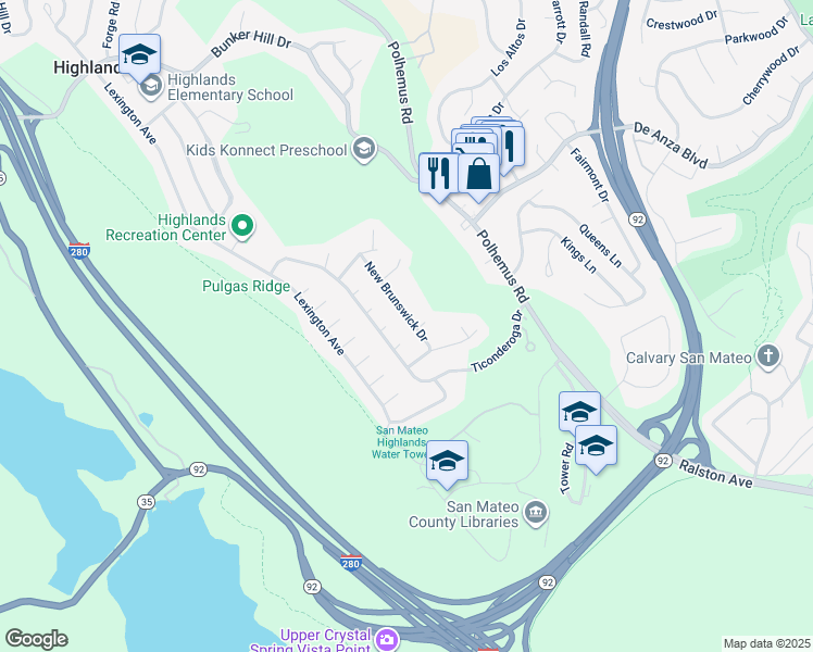 map of restaurants, bars, coffee shops, grocery stores, and more near 2068 New Brunswick Drive in San Mateo