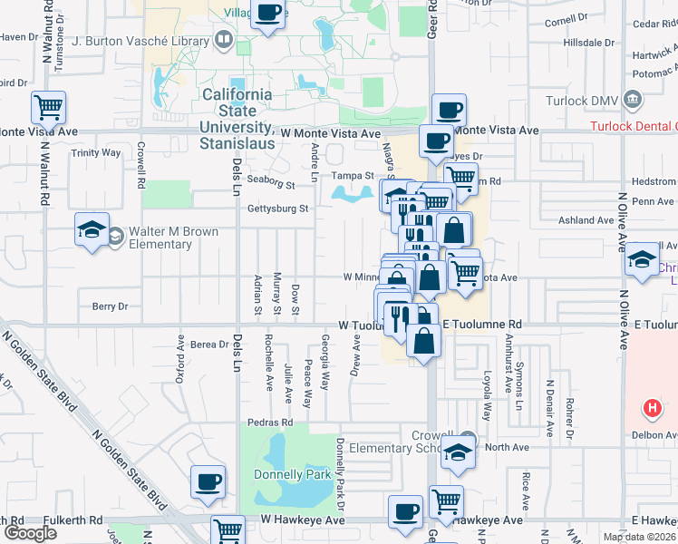map of restaurants, bars, coffee shops, grocery stores, and more near 351 West Minnesota Avenue in Turlock