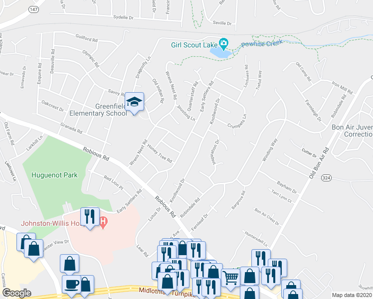 map of restaurants, bars, coffee shops, grocery stores, and more near 2033 Early Settlers Road in Richmond