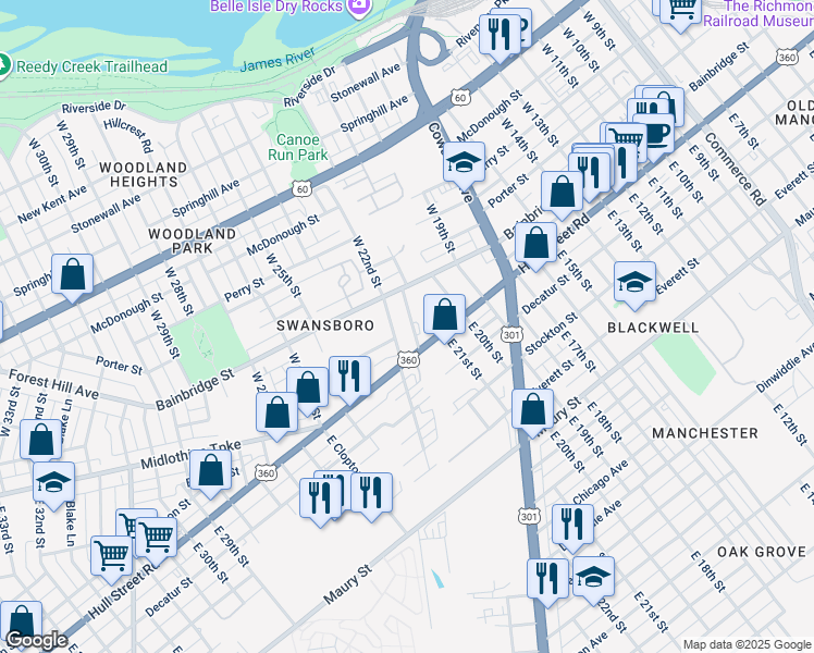 map of restaurants, bars, coffee shops, grocery stores, and more near 24 West 21st Street in Richmond