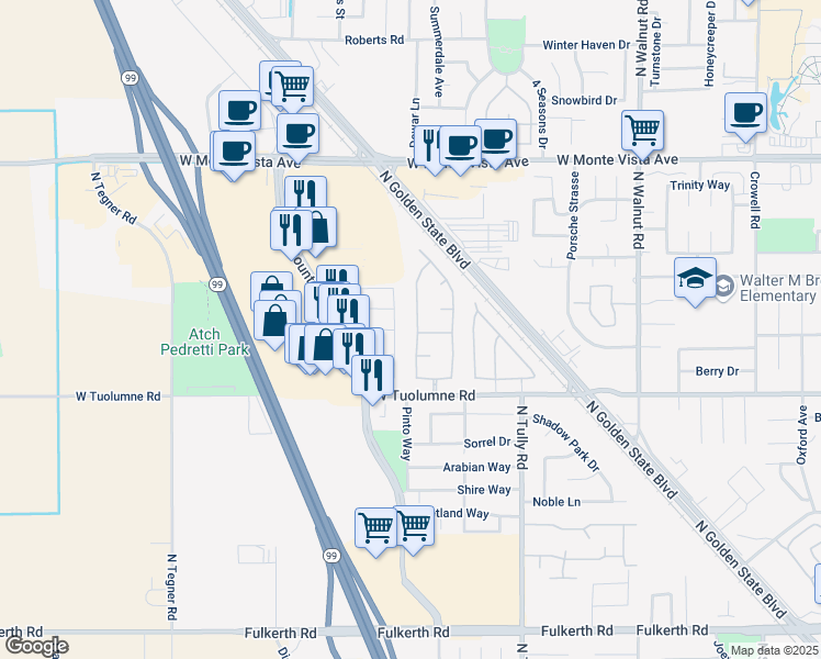 map of restaurants, bars, coffee shops, grocery stores, and more near 2621 Jubilee Drive in Turlock