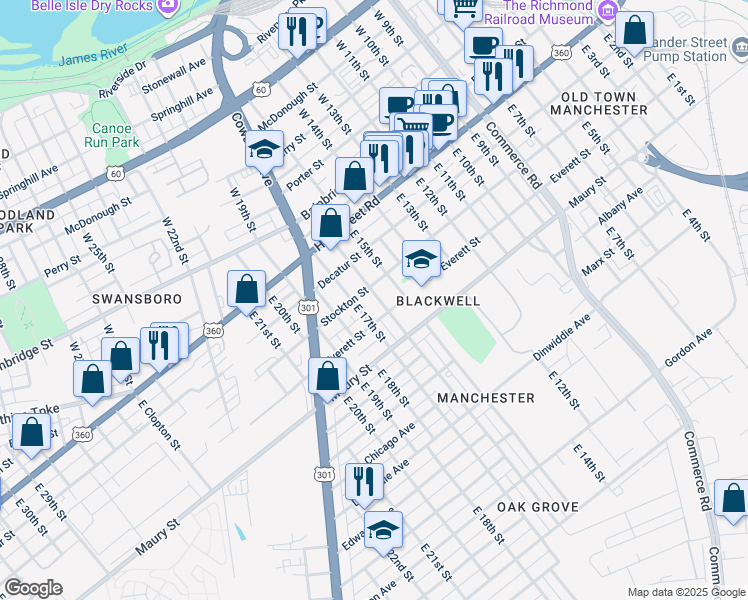 map of restaurants, bars, coffee shops, grocery stores, and more near 209 East 16th Street in Richmond