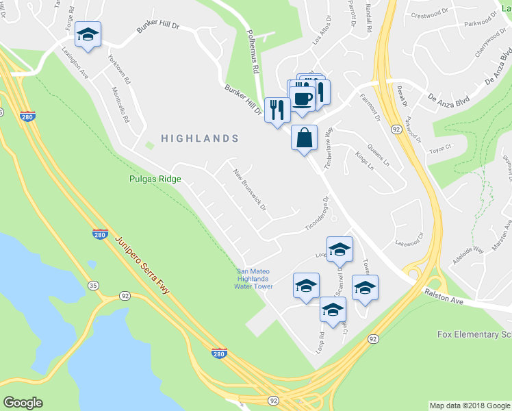 map of restaurants, bars, coffee shops, grocery stores, and more near 2068 New Brunswick Drive in San Mateo
