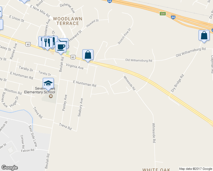 map of restaurants, bars, coffee shops, grocery stores, and more near 722 Huntsman Road in Sandston