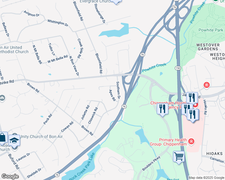 map of restaurants, bars, coffee shops, grocery stores, and more near 1235 Apex Road in Richmond