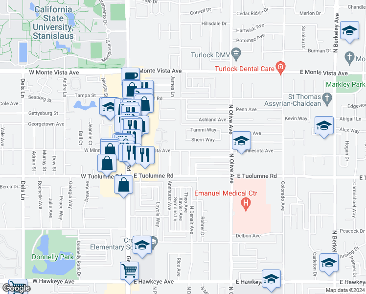 map of restaurants, bars, coffee shops, grocery stores, and more near 411 East Minnesota Avenue in Turlock