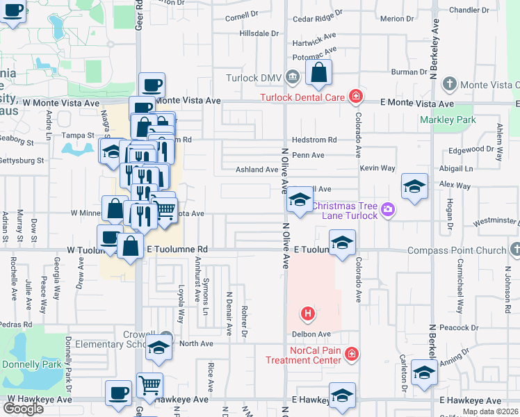 map of restaurants, bars, coffee shops, grocery stores, and more near 661 E Minnesota Ave in Turlock