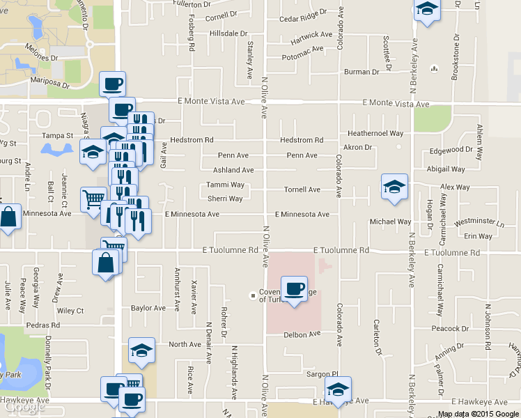 map of restaurants, bars, coffee shops, grocery stores, and more near 2601 North Olive Avenue in Turlock
