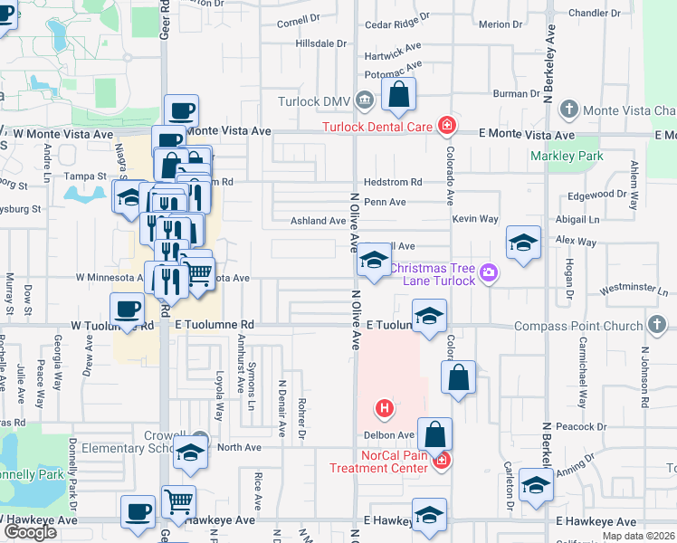 map of restaurants, bars, coffee shops, grocery stores, and more near 2601 North Olive Avenue in Turlock