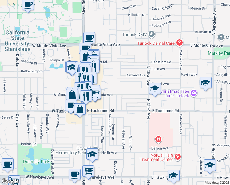 map of restaurants, bars, coffee shops, grocery stores, and more near 399 East Minnesota Avenue in Turlock