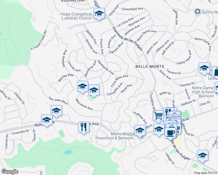 map of restaurants, bars, coffee shops, grocery stores, and more near 2419 Casa Bona Avenue in Belmont