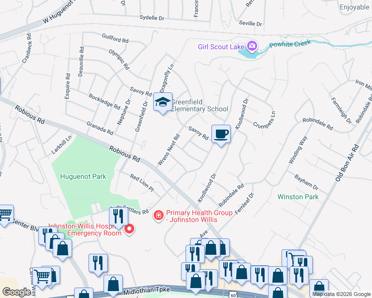 map of restaurants, bars, coffee shops, grocery stores, and more near 10633 March Hare Drive in Richmond