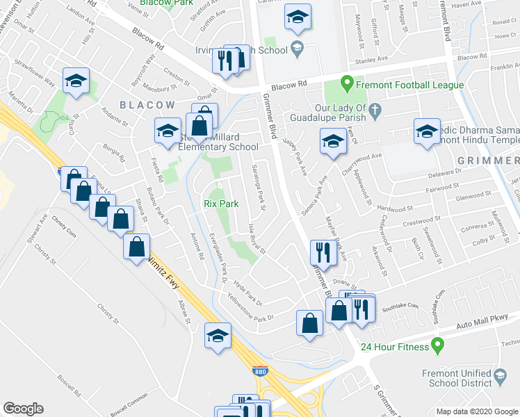 map of restaurants, bars, coffee shops, grocery stores, and more near 42809 Saratoga Park Street in Fremont