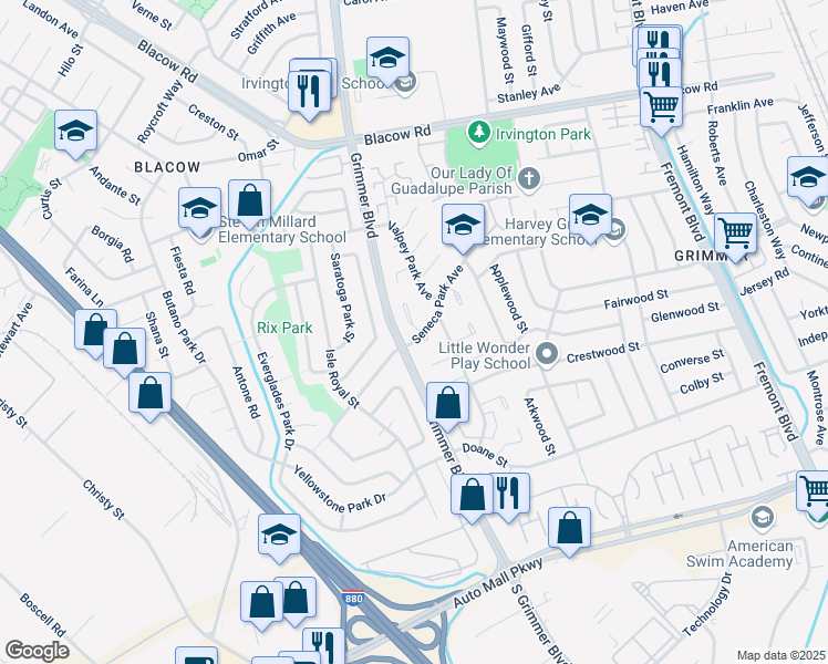 map of restaurants, bars, coffee shops, grocery stores, and more near 4771 Seneca Park Avenue in Fremont