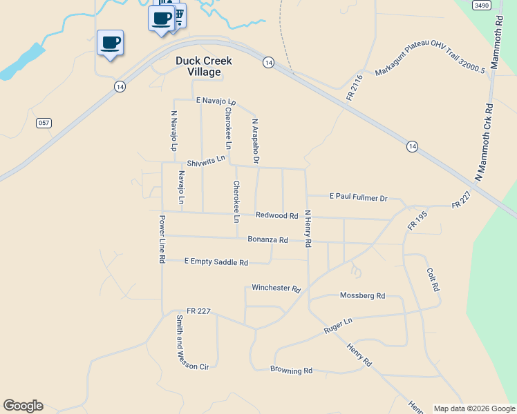 map of restaurants, bars, coffee shops, grocery stores, and more near 1065 Redwood Road in Duck Creek Village