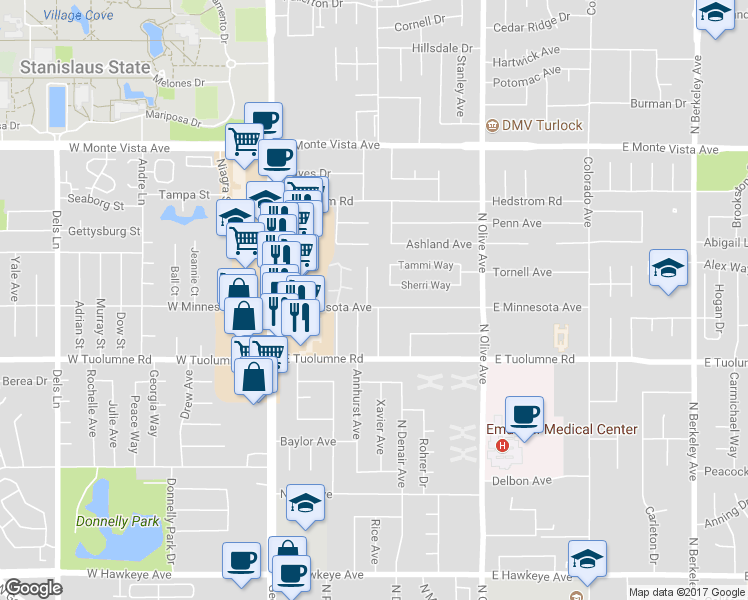 map of restaurants, bars, coffee shops, grocery stores, and more near 399 East Minnesota Avenue in Turlock