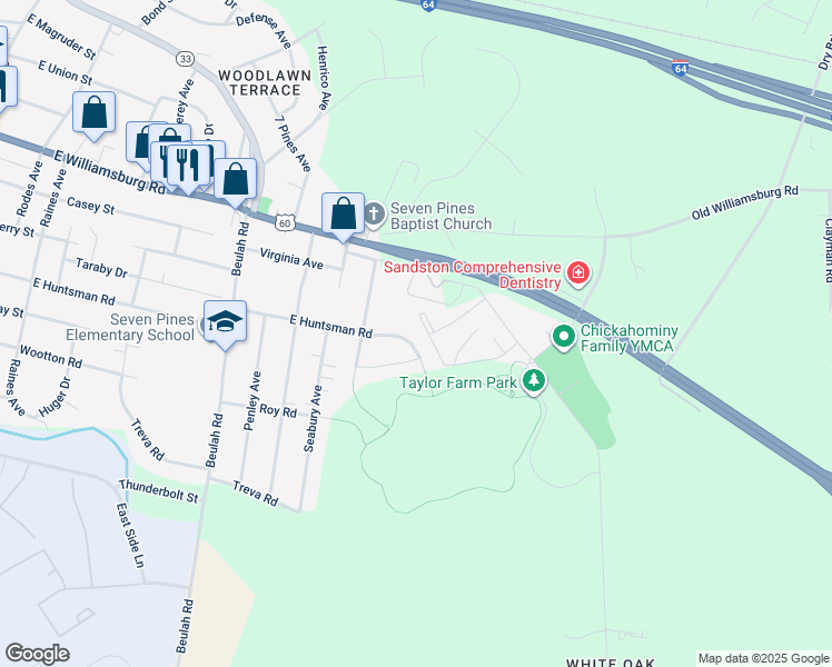 map of restaurants, bars, coffee shops, grocery stores, and more near 722 Huntsman Road in Sandston