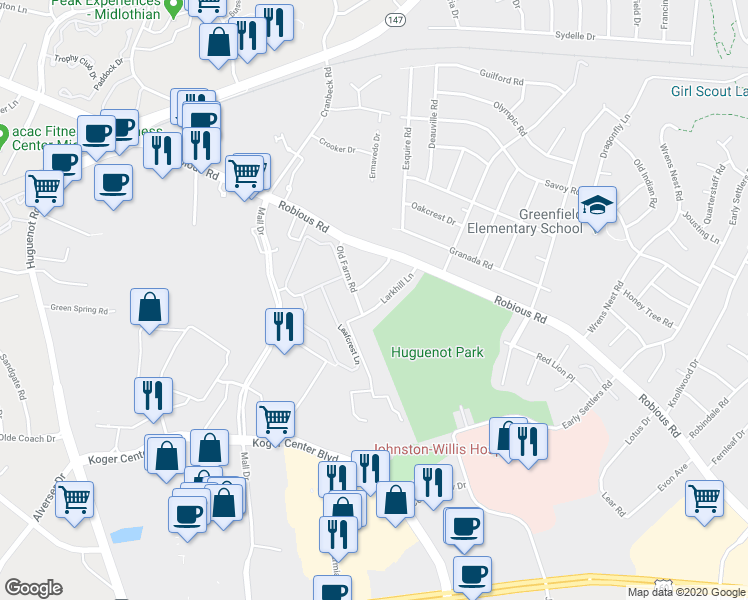 map of restaurants, bars, coffee shops, grocery stores, and more near 1808 Larkhill Lane in Richmond