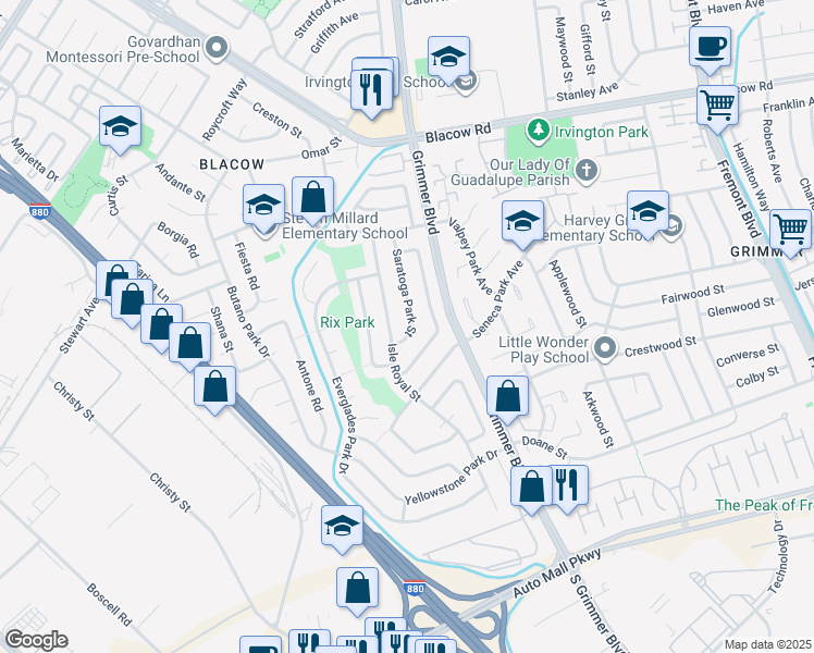 map of restaurants, bars, coffee shops, grocery stores, and more near 42809 Saratoga Park Street in Fremont