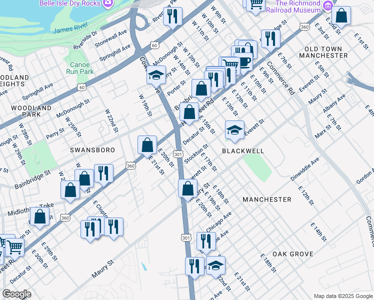 map of restaurants, bars, coffee shops, grocery stores, and more near 114 East 18th Street in Richmond