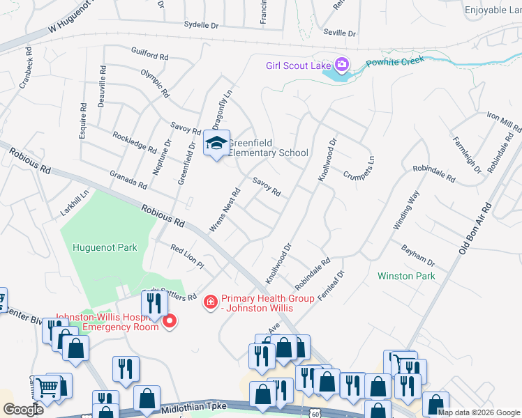 map of restaurants, bars, coffee shops, grocery stores, and more near 10633 March Hare Drive in Richmond