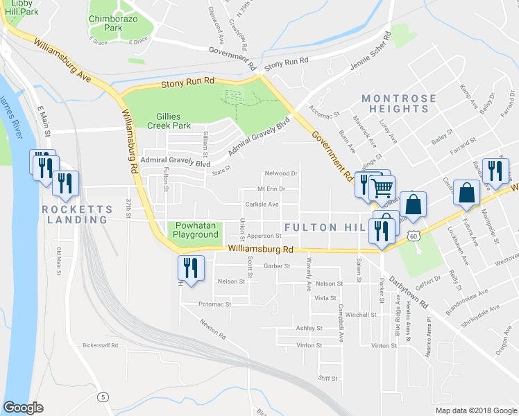 map of restaurants, bars, coffee shops, grocery stores, and more near 1125 Carlisle Avenue in Richmond
