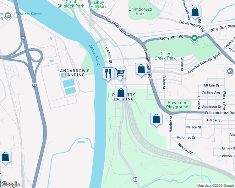 map of restaurants, bars, coffee shops, grocery stores, and more near 210 Rocketts Way in Henrico