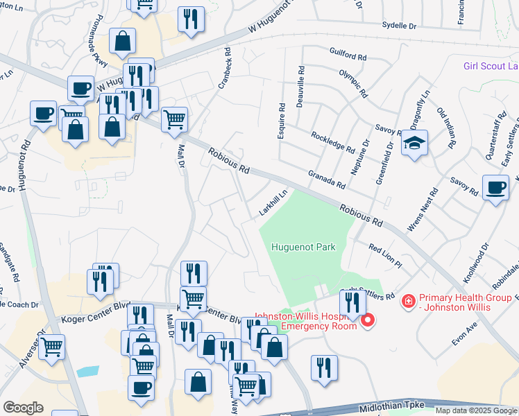 map of restaurants, bars, coffee shops, grocery stores, and more near 1808 Larkhill Lane in Richmond