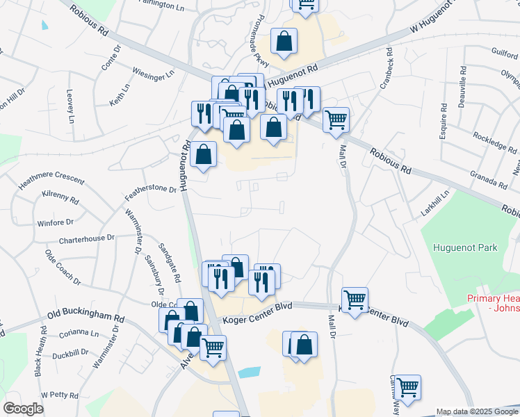 map of restaurants, bars, coffee shops, grocery stores, and more near 11399 Briarmont Road in Bon Air