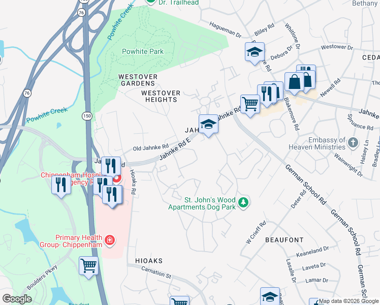 map of restaurants, bars, coffee shops, grocery stores, and more near 6709 North Grand Brook Circle in Richmond