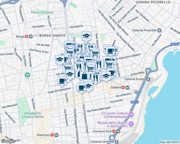 map of restaurants, bars, coffee shops, grocery stores, and more near 42-64 Via Firenze in Catania