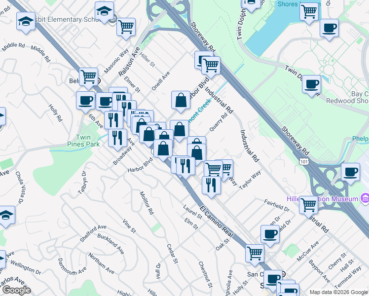 map of restaurants, bars, coffee shops, grocery stores, and more near 151h Old County Road in San Carlos
