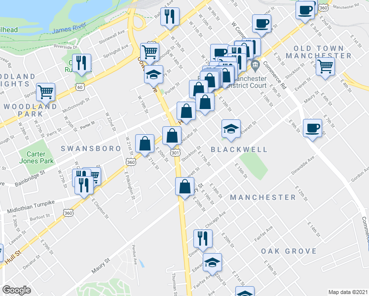 map of restaurants, bars, coffee shops, grocery stores, and more near 114 East 18th Street in Richmond