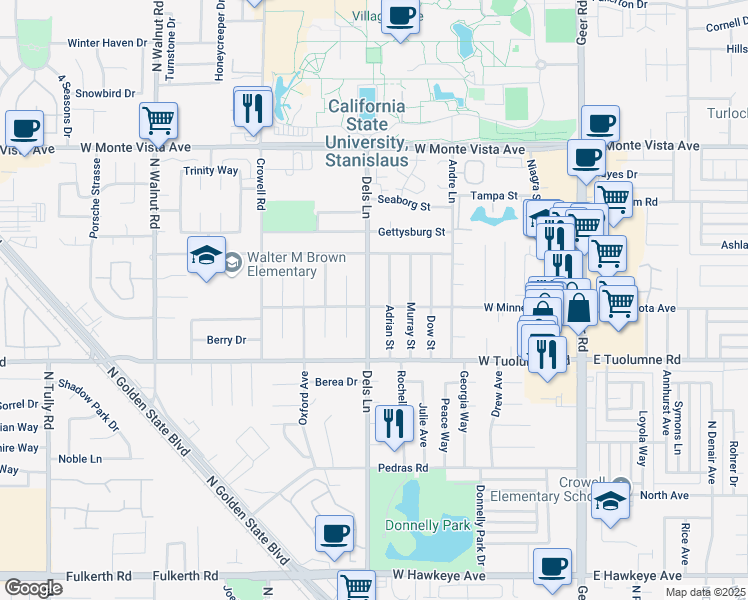 map of restaurants, bars, coffee shops, grocery stores, and more near 2600 Dels Lane in Turlock
